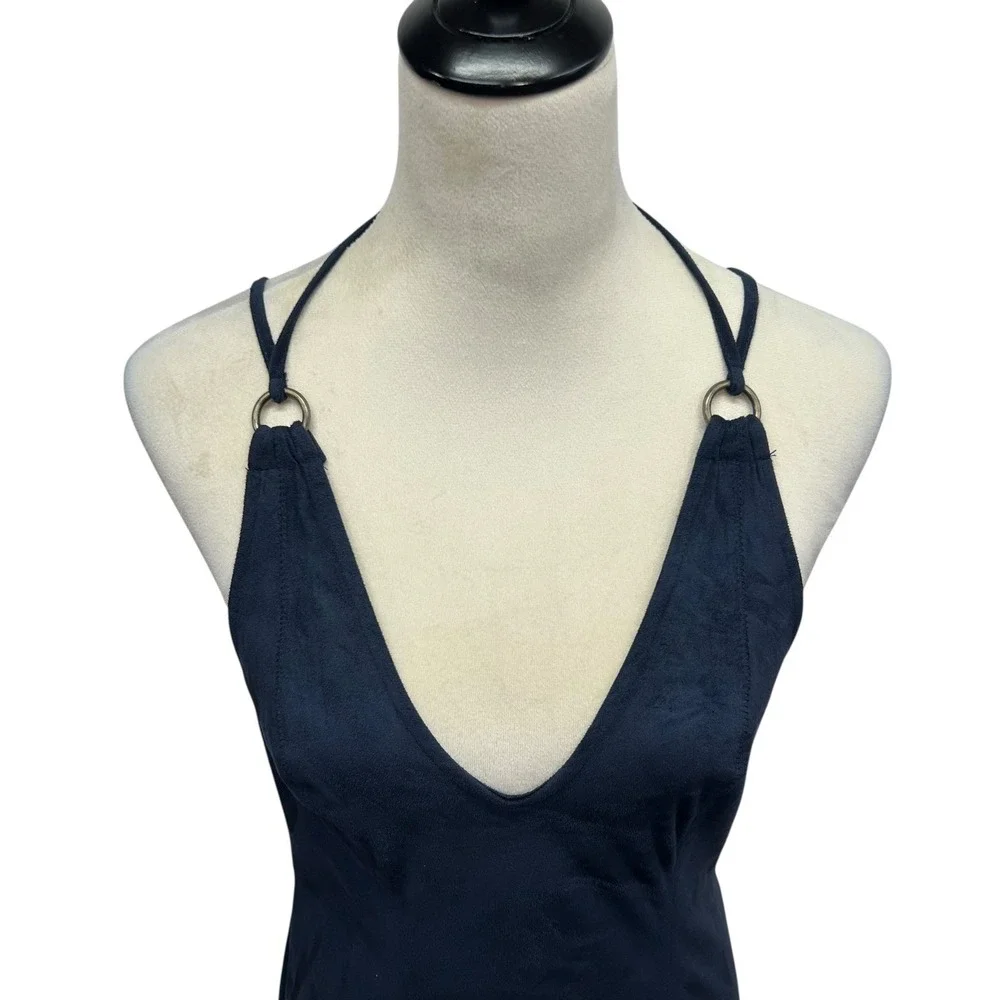 Free People Faux Suede‎ Navy Blue Bodycon Mini Dress S Strappy Y2K Sexy